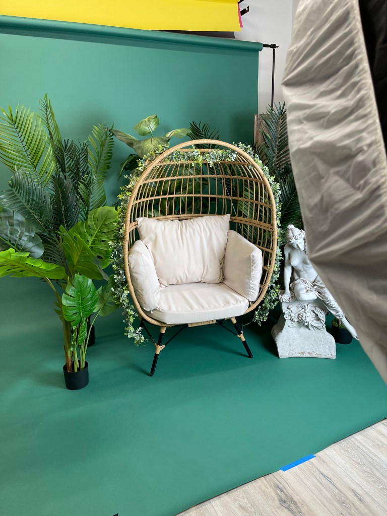egg chair flanked with many plants on a green backdrop
