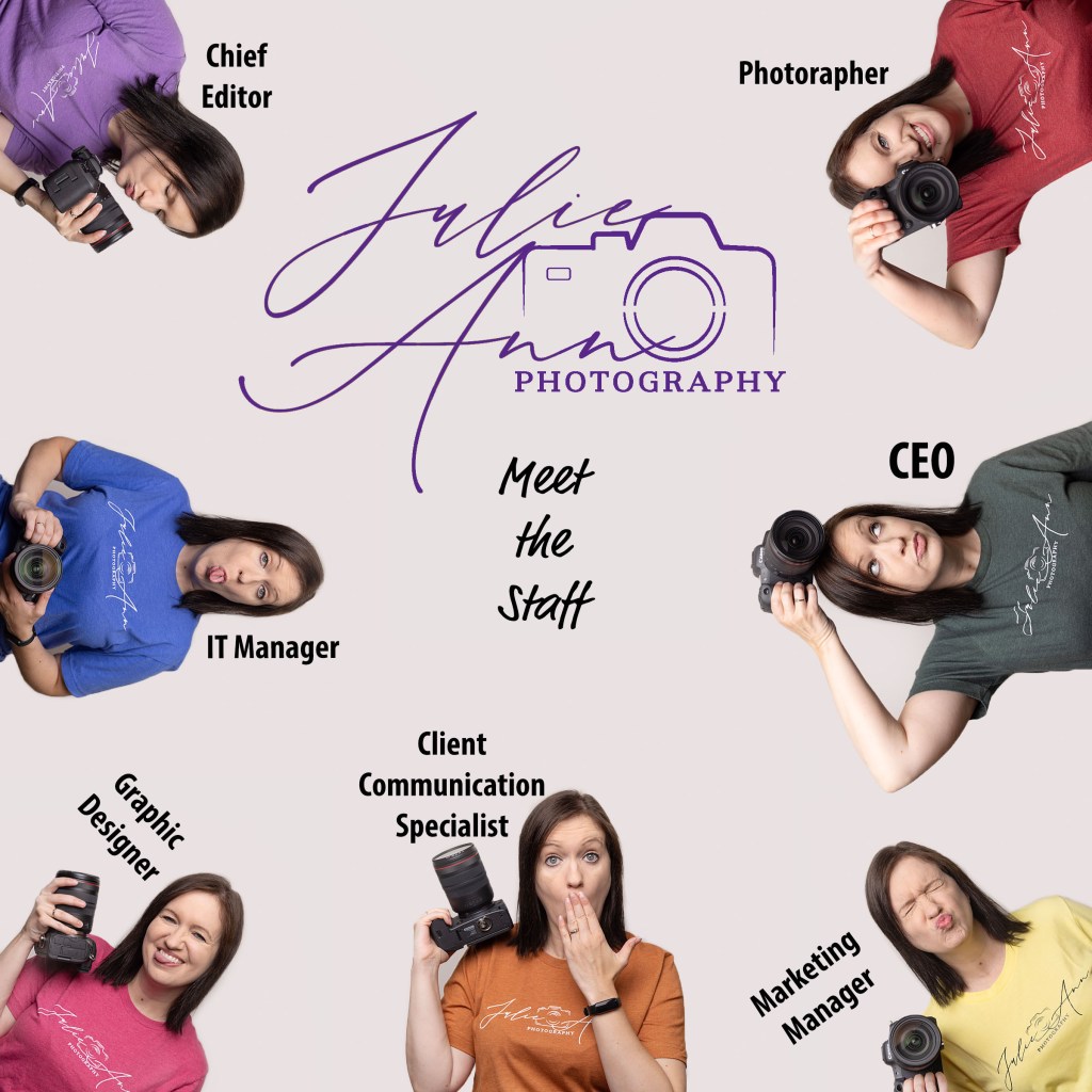 Portraits of Julie in different shirts with different job titles showcasing a humorous way to tell everyone that she operates her business alone.